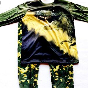 Jellifish Kids Boys Pajamas Dinosaur 2 Piece Set Shirt Pants Green 10-12 New